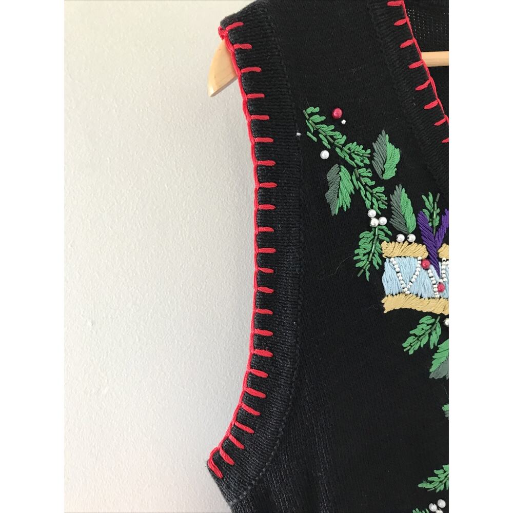 Vtg Victoria Jones Black Ugly Christmas Button Up Cardigan Sweater Vest M L 44" - Picture 7 of 8